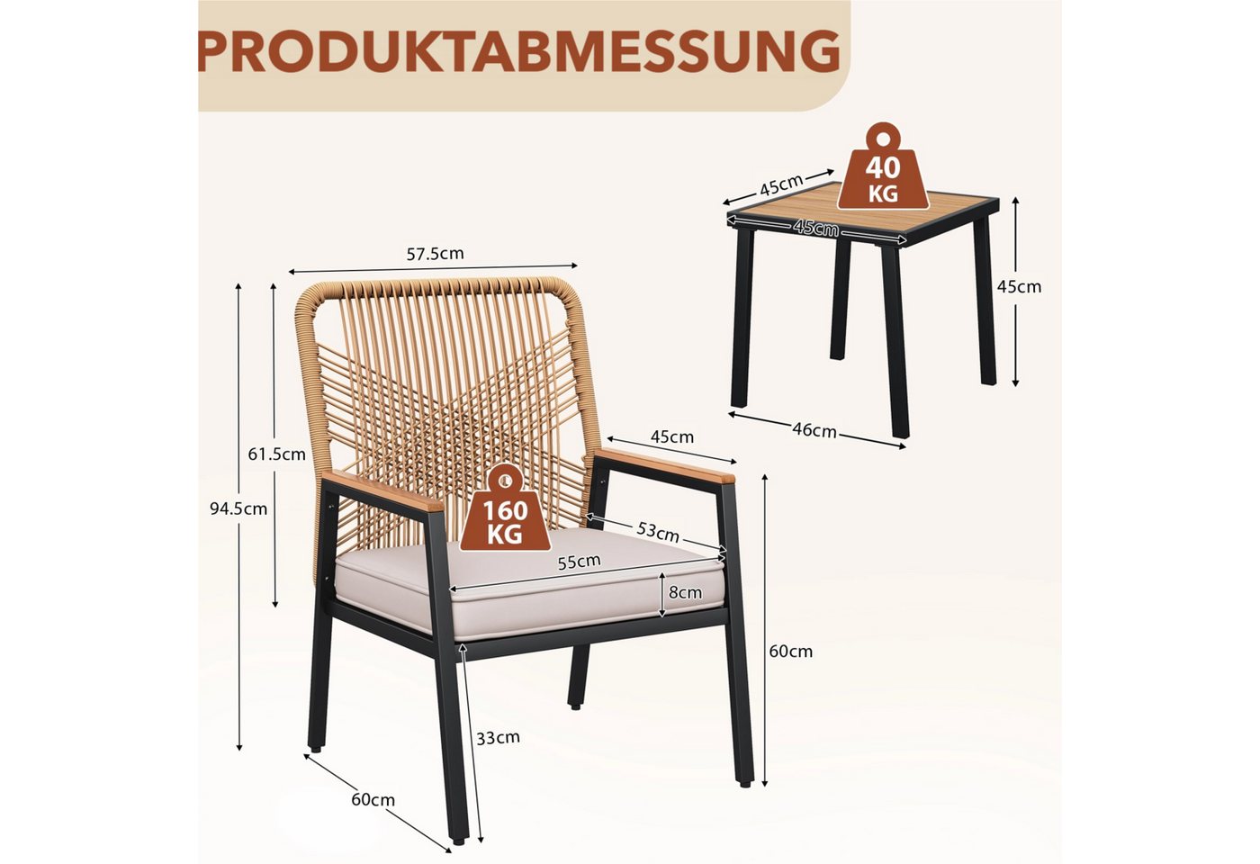 TLGREEN Gartenstuhl Eisen-Rattan Gartensessel,verbreiterter Sitz, (Gartenmöbel-Set,Zwei Stühle und ein Beistelltisch, 3 St), 160 kg Belastbar für Terrasse, Garten und Veranda
