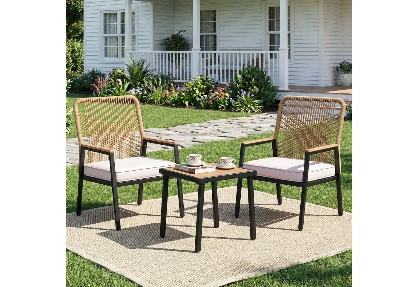 TLGREEN Gartenstuhl Eisen-Rattan Gartensessel,verbreiterter Sitz, (Gartenmöbel-Set,Zwei Stühle und ein Beistelltisch, 3 St), 160 kg Belastbar für Terrasse, Garten und Veranda Bild 2