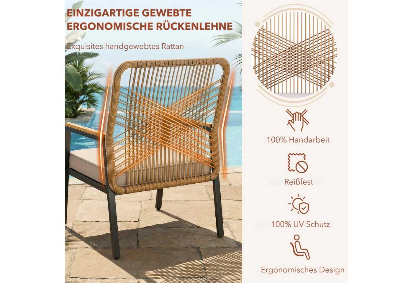 TLGREEN Gartenstuhl Eisen-Rattan Gartensessel,verbreiterter Sitz, (Gartenmöbel-Set,Zwei Stühle und ein Beistelltisch, 3 St), 160 kg Belastbar für Terrasse, Garten und Veranda Bild 3