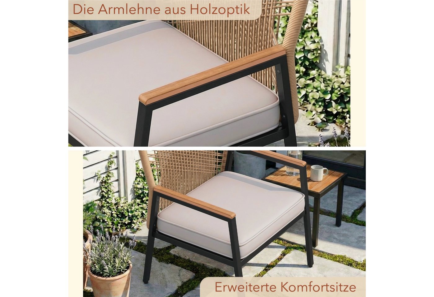 TLGREEN Gartenstuhl Eisen-Rattan Gartensessel,verbreiterter Sitz, (Gartenmöbel-Set,Zwei Stühle und ein Beistelltisch, 3 St), 160 kg Belastbar für Terrasse, Garten und Veranda Bild 4