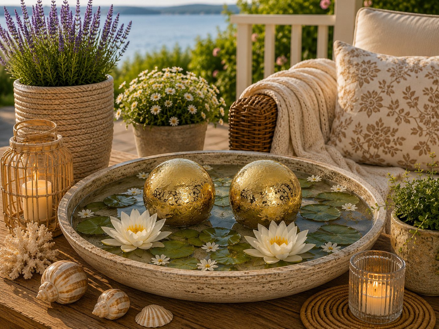 finehomegarden Teichfigur Schwimmkugel gold Ø8cm/Ø10cm Blüten Porzellan 2fach sort. Deko, (Set, 2-St., 2tlg), Schwimmende Kugeln für Teich & Wasserschalen 2Größen wählbar Bild 3