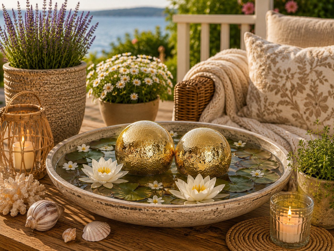 finehomegarden Teichfigur Schwimmkugel gold Ø8cm/Ø10cm Blüten Porzellan 2fach sort. Deko, (Set, 2-St., 2tlg), Schwimmende Kugeln für Teich & Wasserschalen 2Größen wählbar Bild 4