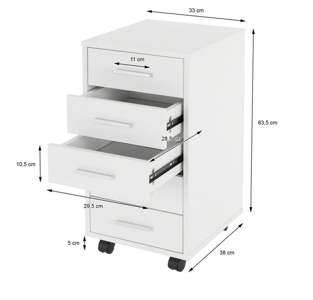 ML-Design 2Er Rollcontainer mit 5 Schubladen 33x38x63,5 cm Weiß Holz Alu-Griffe