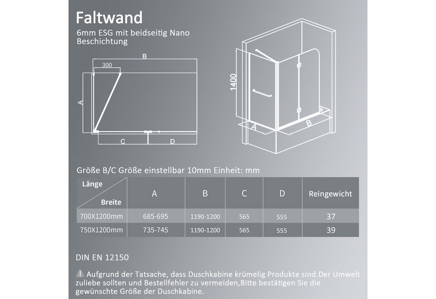 Hopibath Badewannenfaltwand mit seitenwand 70cm 75cm Duschwand für Badewanne Eck faltbar Klarglas, beideseitig Nano 6mm Sicherheitsglas, (2 teilig 180° Faltwand, mit Handtuchhalter, Haltestangen), mit Handtuchhalter und Haltestangen, Links- oder Rechtsmontage Bild 3