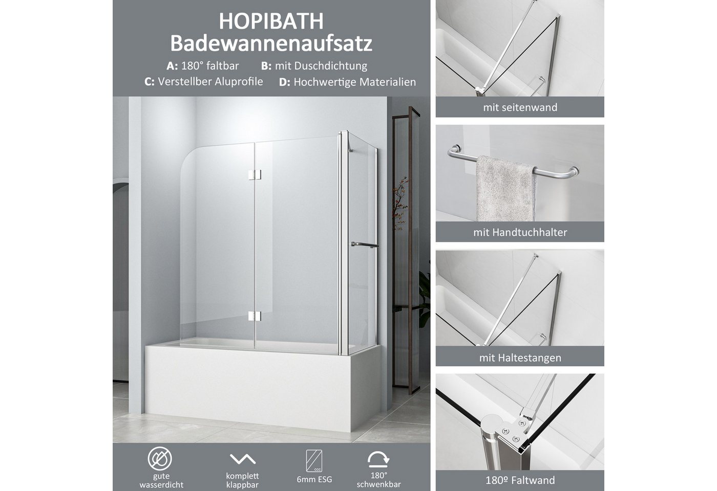 Hopibath Badewannenfaltwand mit seitenwand 70cm 75cm Duschwand für Badewanne Eck faltbar Klarglas, beideseitig Nano 6mm Sicherheitsglas, (2 teilig 180° Faltwand, mit Handtuchhalter, Haltestangen), mit Handtuchhalter und Haltestangen, Links- oder Rechtsmontage Bild 5