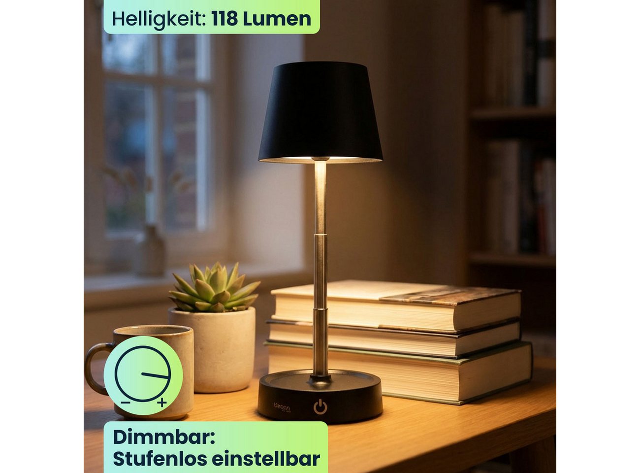 shop'n smile ideoon LED Tischleuchte Dimmbare LED-Tischleuchte mit Akku Nachttischlampe höhenverstellbar, LED fest integriert, Stufenlos dimmbar, höhenverstellbar 11,5 bis 28,5cm & IP44