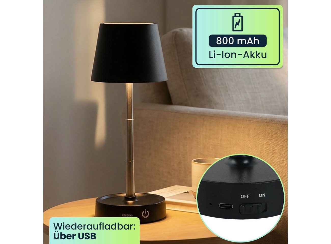 shop'n smile ideoon LED Tischleuchte Dimmbare LED-Tischleuchte mit Akku Nachttischlampe höhenverstellbar, LED fest integriert, Stufenlos dimmbar, höhenverstellbar 11,5 bis 28,5cm & IP44 Bild 3