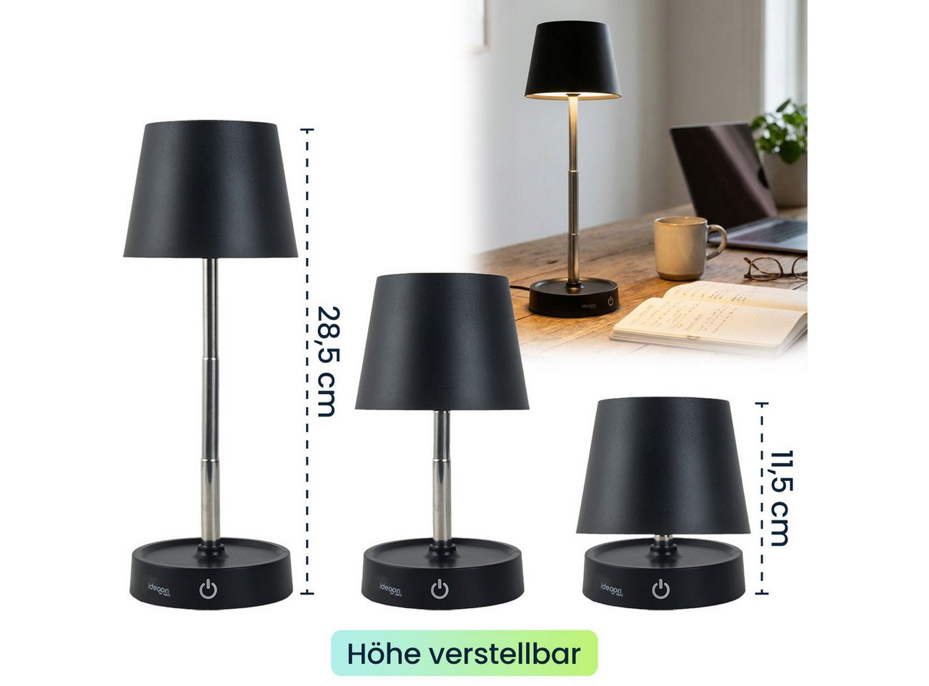 shop'n smile ideoon LED Tischleuchte Dimmbare LED-Tischleuchte mit Akku Nachttischlampe höhenverstellbar, LED fest integriert, Stufenlos dimmbar, höhenverstellbar 11,5 bis 28,5cm & IP44 Bild 4