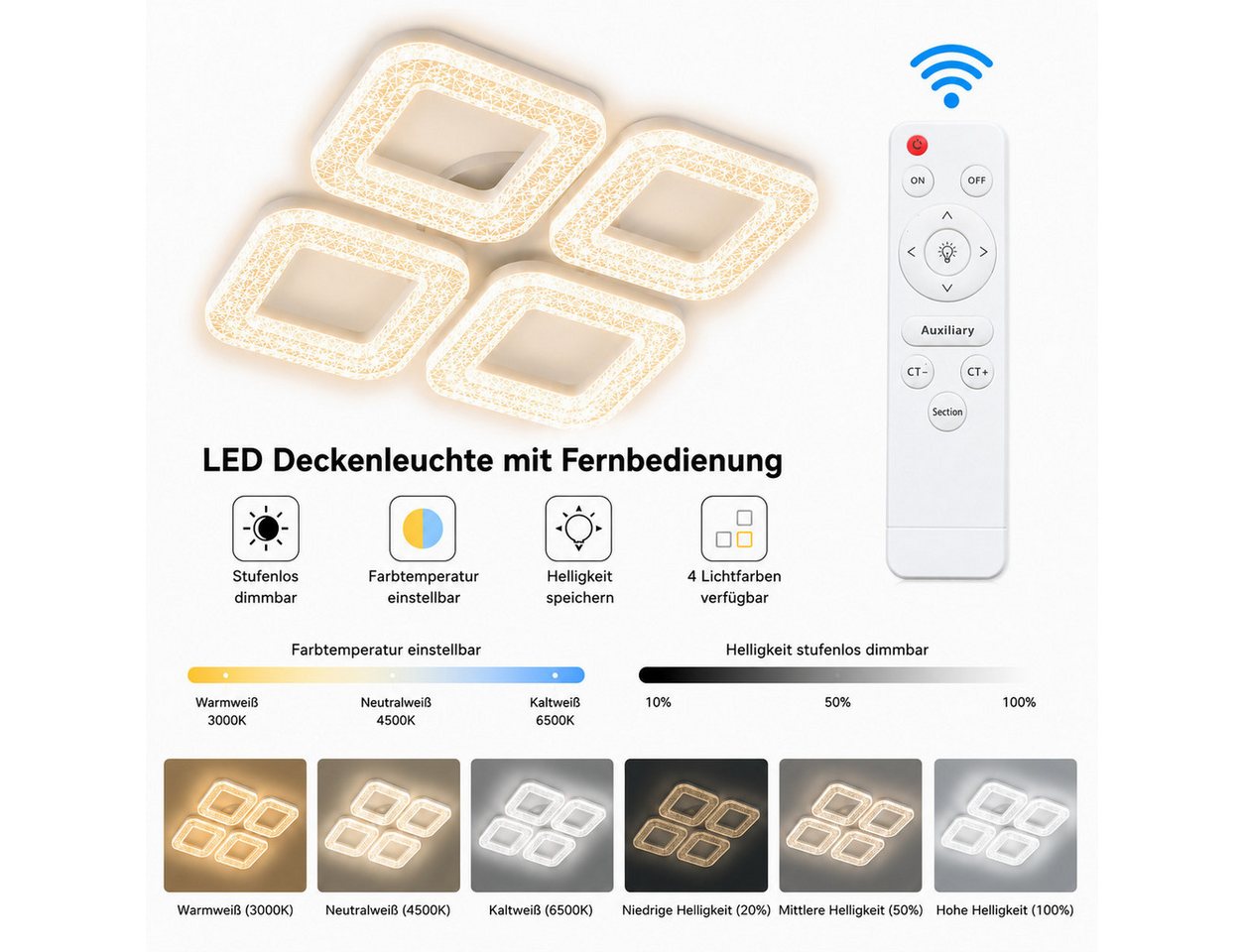 Eurotondisplay LED Deckenleuchte LED Deckenleuchte dimmbar mit Fernbedienung, stufenlos 3000–7000 K, LED fest integriert, Warm- bis Kaltweiß, mit Fernbedienung steuerbar Bild 4