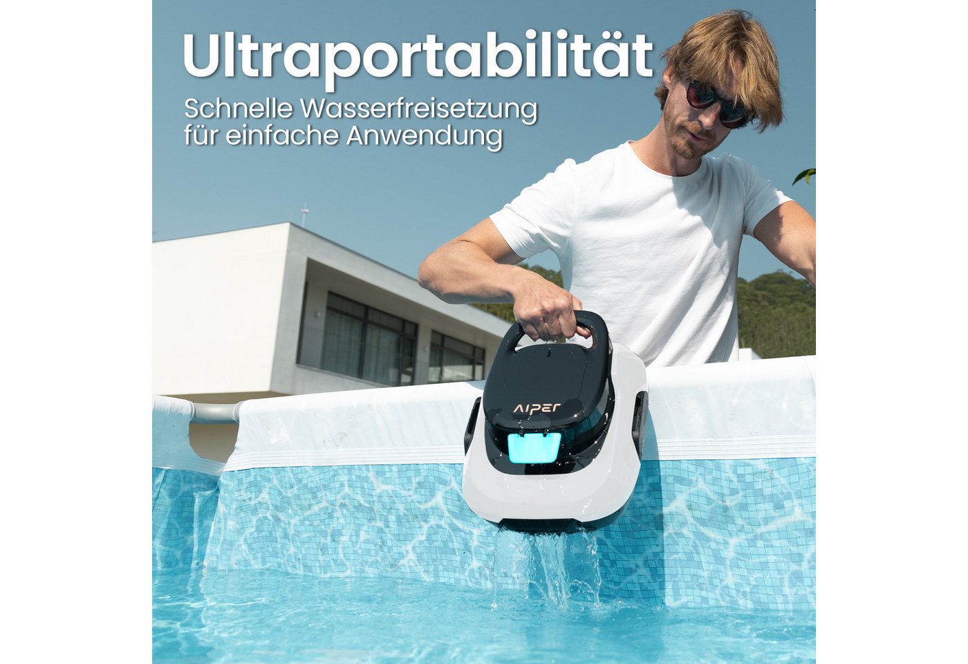 Aiper Poolroboter Scuba SE Poolroboter Akku/ bis 80 m²/90 Min/ Laufzeit, 6.900 LPH, (Auto-Parken am Poolrand, Schneller Wasserablauf & 2 Jahre Garantie), 2 Bodenbürsten, 2 Reinigungsmodi, für Aufstellpools, 180 μm Filter Bild 2