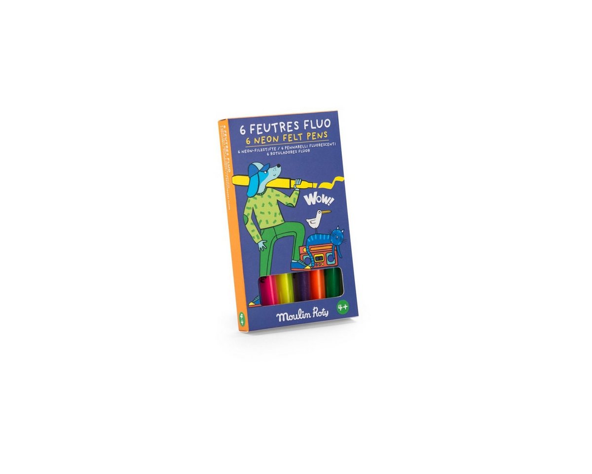 Moulin Roty Filzstift 6 Neon-Filzstifte für Kinder ab 4 Jahren, fluoreszierende Farben
