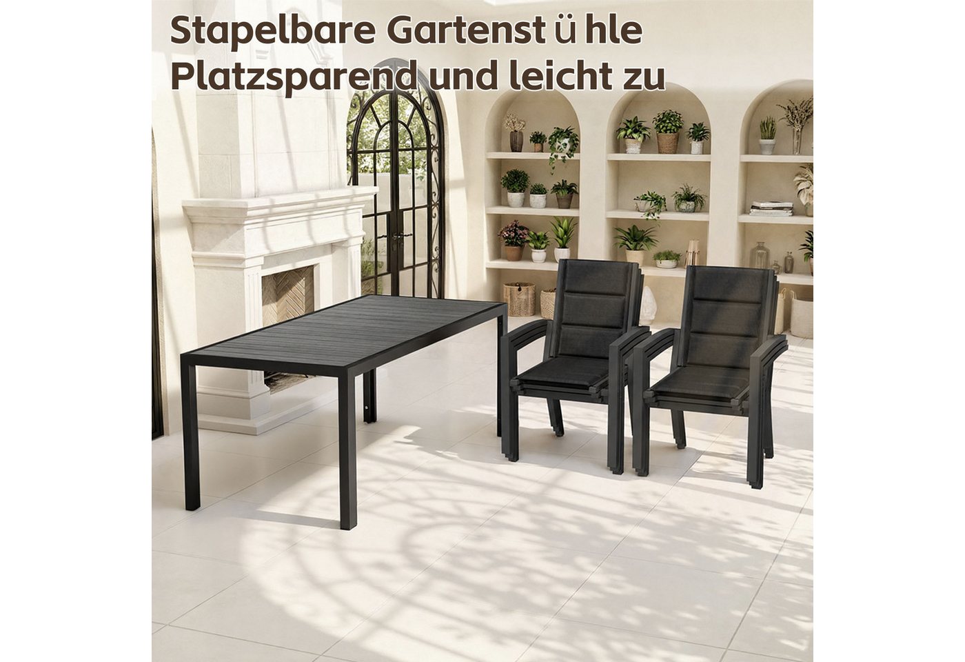 HOMALL Garten-Essgruppe 150/180cm Holzoptik Aluminiumtisch und Gartenstühle mit armlehnen, (9-tlg), Stapelbare Gartenstühle bis 160kg, rostfreier Aluminiumtisch bis 100kg