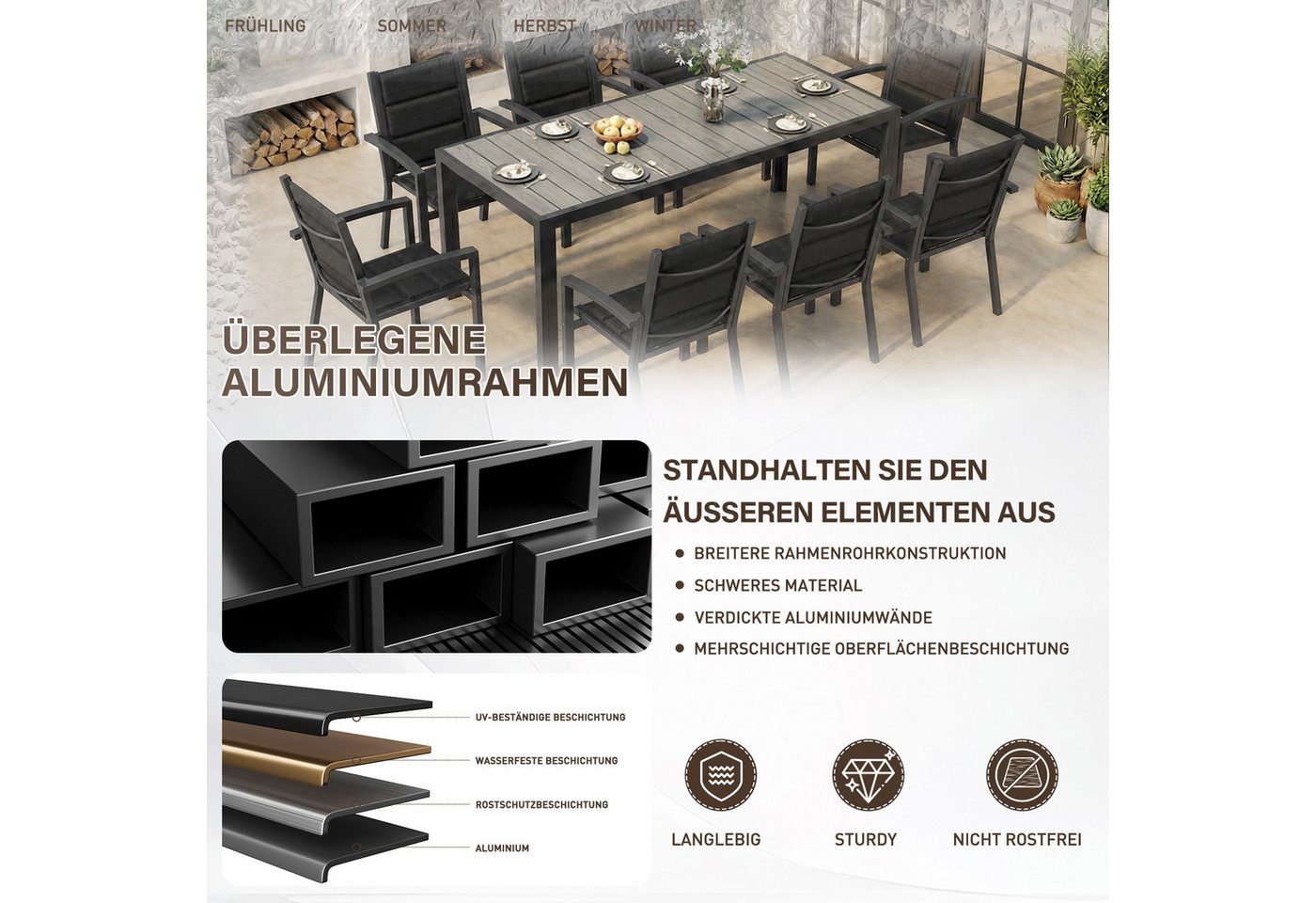 HOMALL Garten-Essgruppe 150/180cm Holzoptik Aluminiumtisch und Gartenstühle mit armlehnen, (9-tlg), Stapelbare Gartenstühle bis 160kg, rostfreier Aluminiumtisch bis 100kg Bild 2