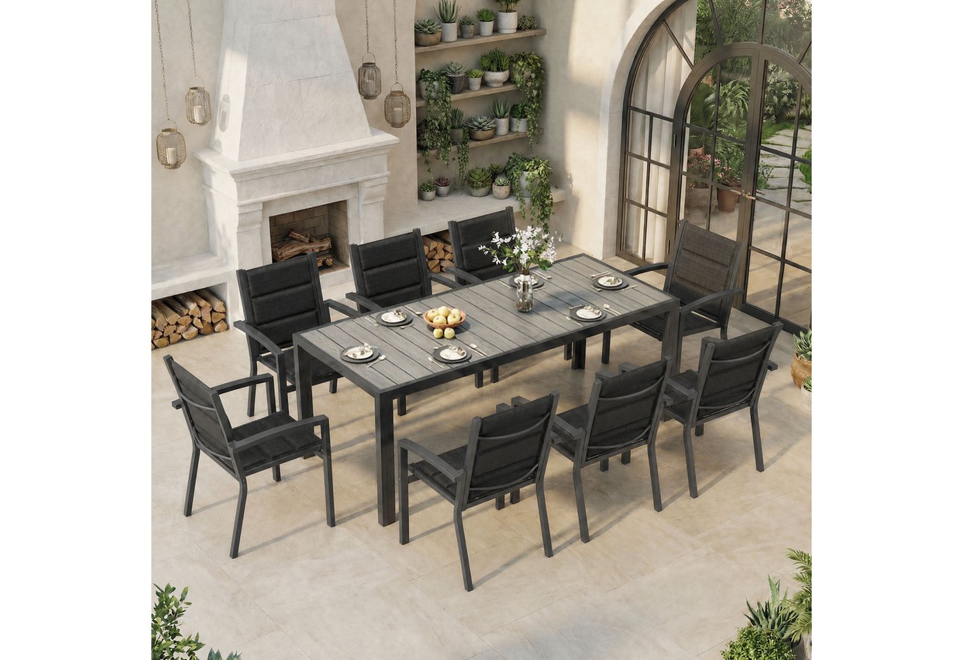 HOMALL Garten-Essgruppe 150/180cm Holzoptik Aluminiumtisch und Gartenstühle mit armlehnen, (9-tlg), Stapelbare Gartenstühle bis 160kg, rostfreier Aluminiumtisch bis 100kg Bild 3
