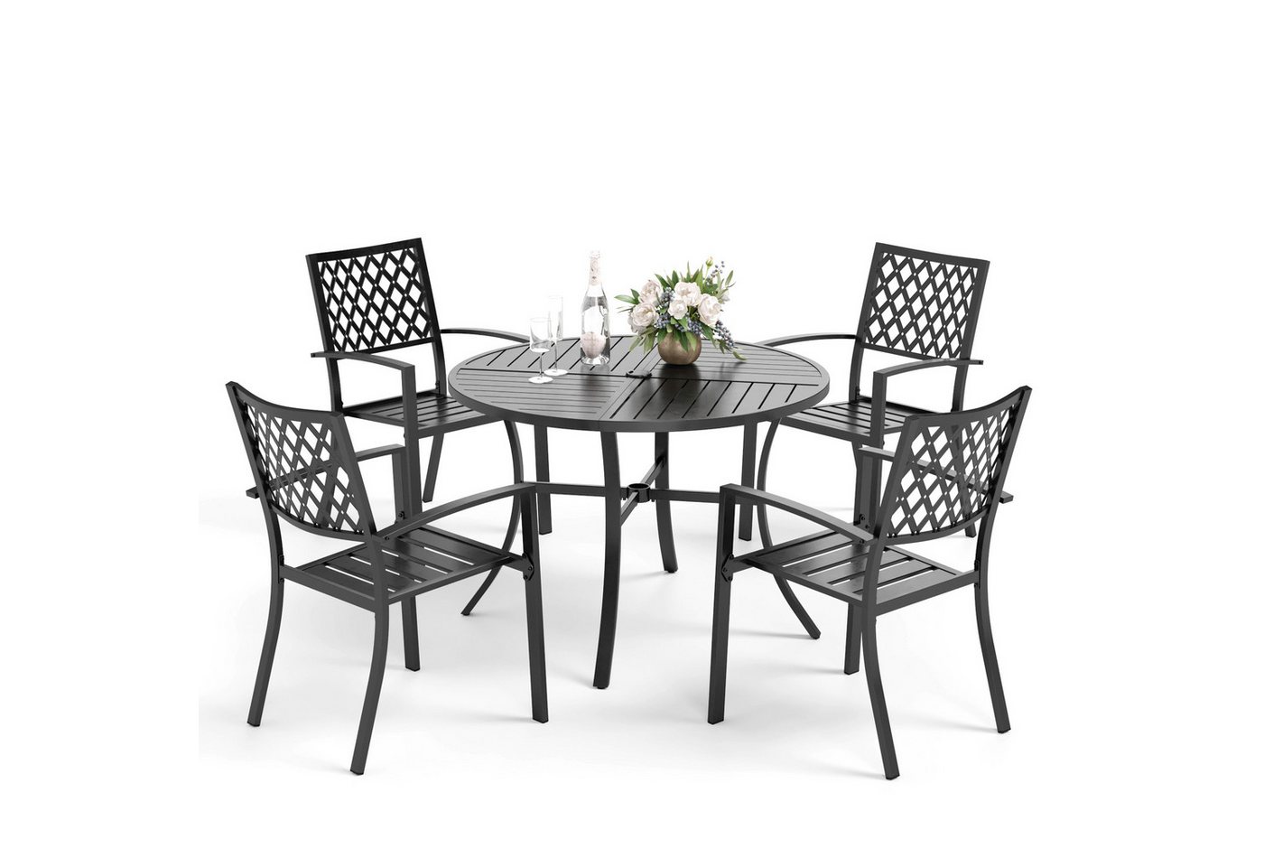 PHI VILLA Garten-Essgruppe, (4 Stühlen und 1 Rund Gartentisch, Outdoor Balkon Gartenmöbel Set), E-Beschichtung Stapelbaren Metallstühlen