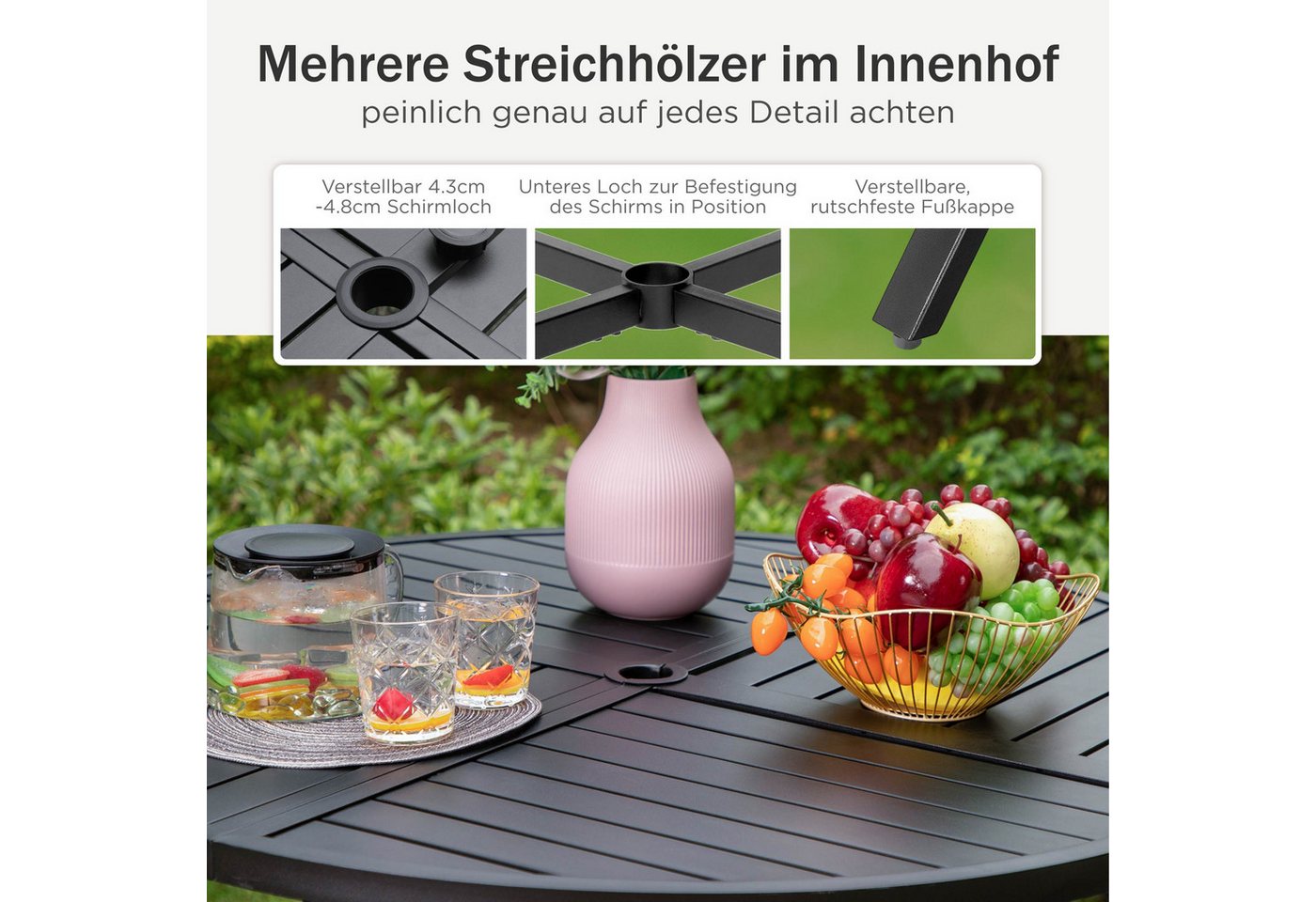 PHI VILLA Garten-Essgruppe, (4 Stühlen und 1 Rund Gartentisch, Outdoor Balkon Gartenmöbel Set), E-Beschichtung Stapelbaren Metallstühlen Bild 5
