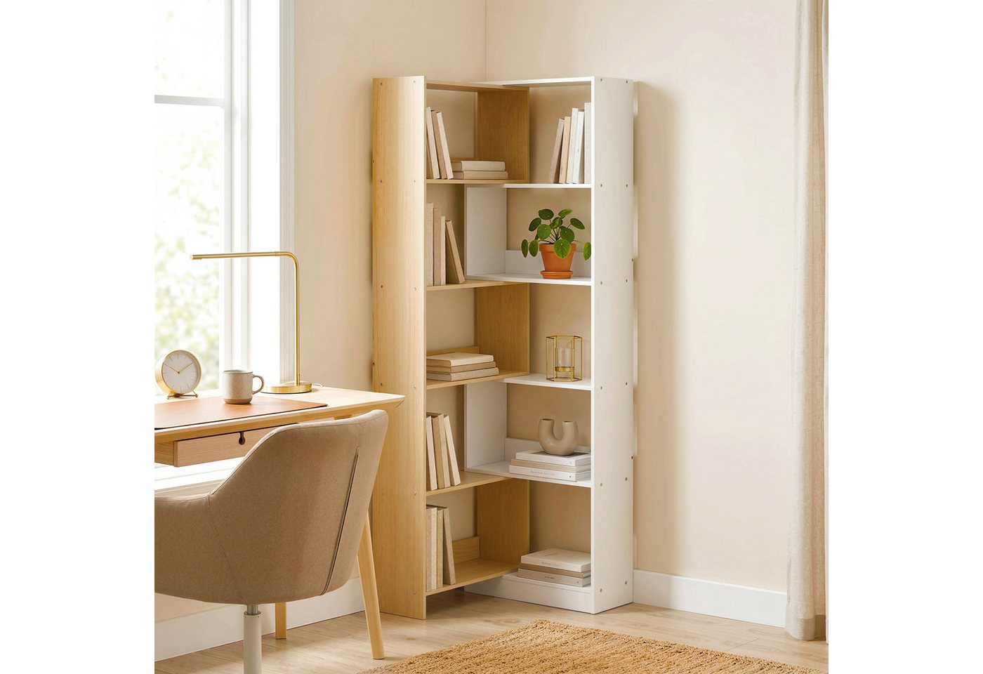 MC Star Bücherregal Drehbares Eckregal (350) mit 5 Ablagen, ausziehbares, L-förmiges Regal, 60–111 x 24 x 164 cm, Eiche Bild 4