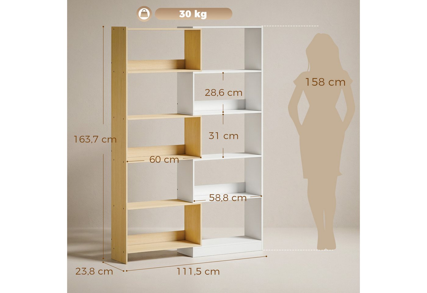 MC Star Bücherregal Drehbares Eckregal (350) mit 5 Ablagen, ausziehbares, L-förmiges Regal, 60–111 x 24 x 164 cm, Eiche Bild 5