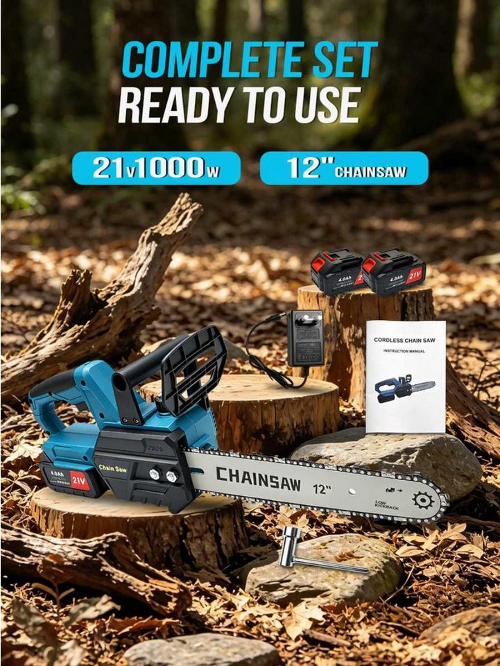 BBWL Akku-Kettensäge 21V, 12 Zoll, 1000W, bürstenloser Motor, 2800 U/min, kabellose Kettensäge mit 2 Akkus für Garten & Forst Bild 5