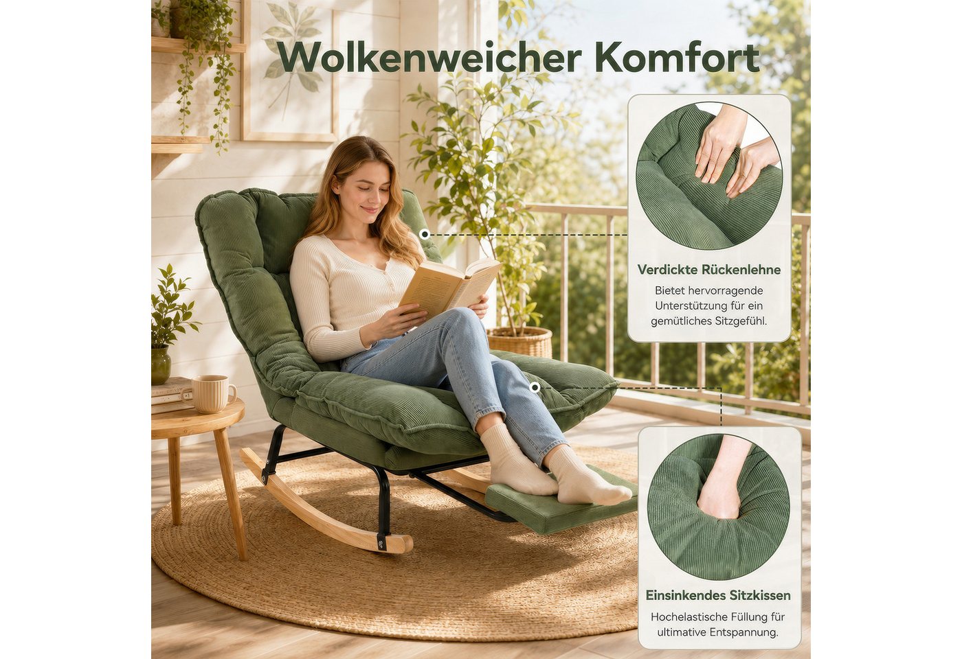 BlingBin Schaukelstuhl Schaukelsessel mit Fußstütze, Relaxsessel verstellbar in 3 Positionen (1er Set, Maximale Belastbarkeit: 120 kg, Gesamtmaße: 116 x 77 x 84 cm, 1 St), Schaukelstühle mit Breite Rückenlehne für Balkon, Wohnzimmer