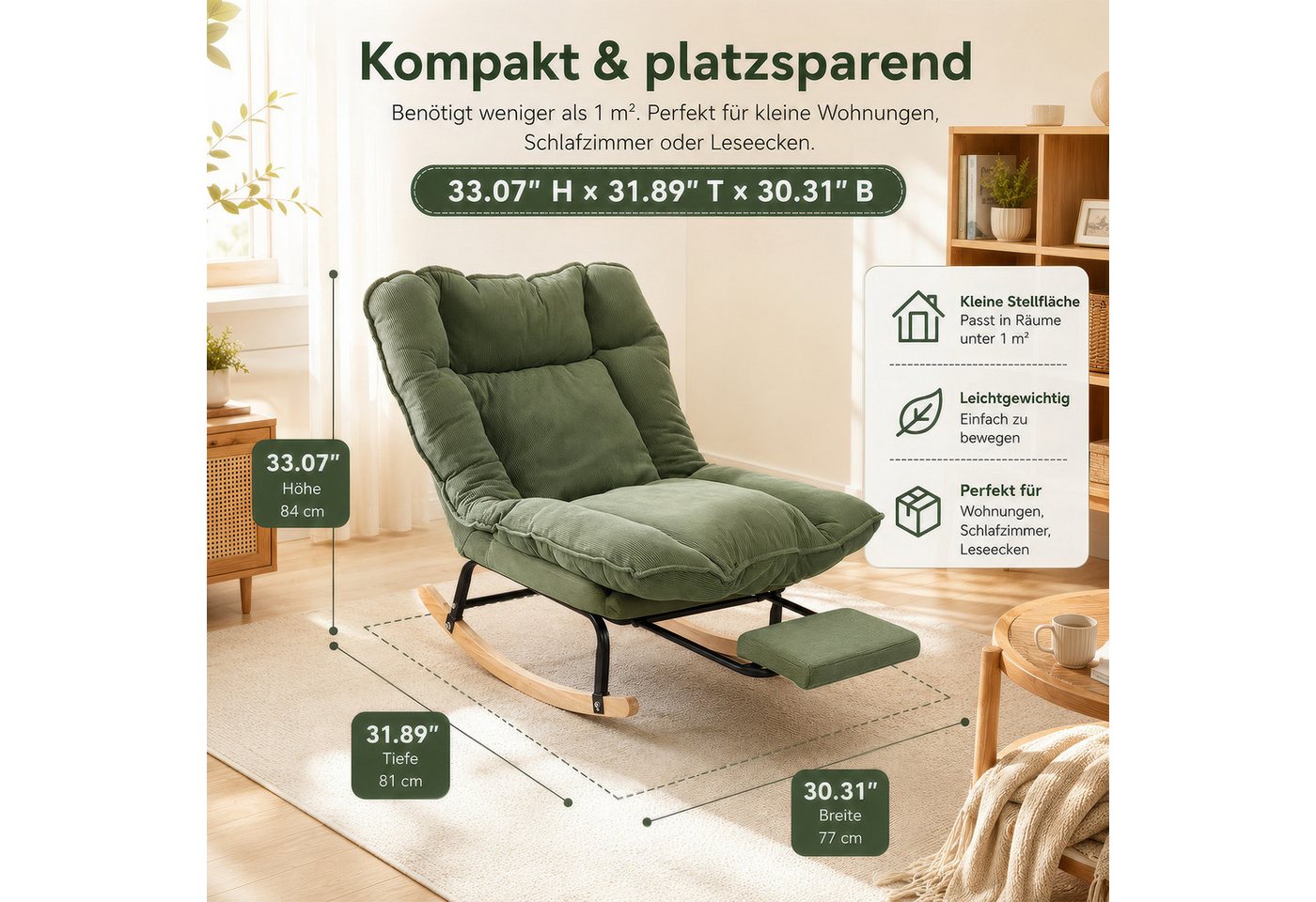 BlingBin Schaukelstuhl Schaukelsessel mit Fußstütze, Relaxsessel verstellbar in 3 Positionen (1er Set, Maximale Belastbarkeit: 120 kg, Gesamtmaße: 116 x 77 x 84 cm, 1 St), Schaukelstühle mit Breite Rückenlehne für Balkon, Wohnzimmer Bild 2