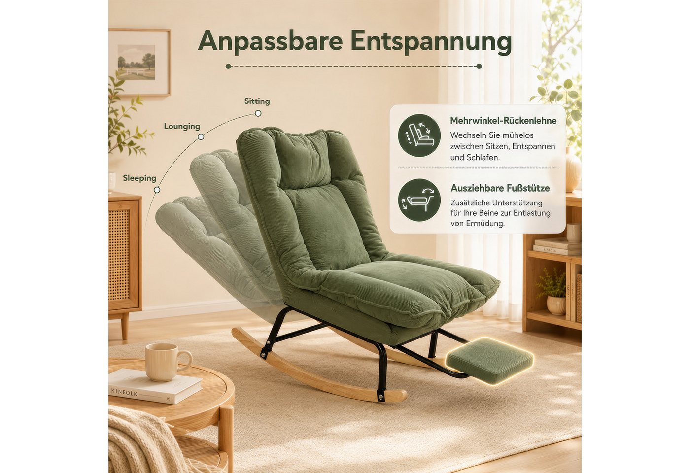 BlingBin Schaukelstuhl Schaukelsessel mit Fußstütze, Relaxsessel verstellbar in 3 Positionen (1er Set, Maximale Belastbarkeit: 120 kg, Gesamtmaße: 116 x 77 x 84 cm, 1 St), Schaukelstühle mit Breite Rückenlehne für Balkon, Wohnzimmer Bild 3