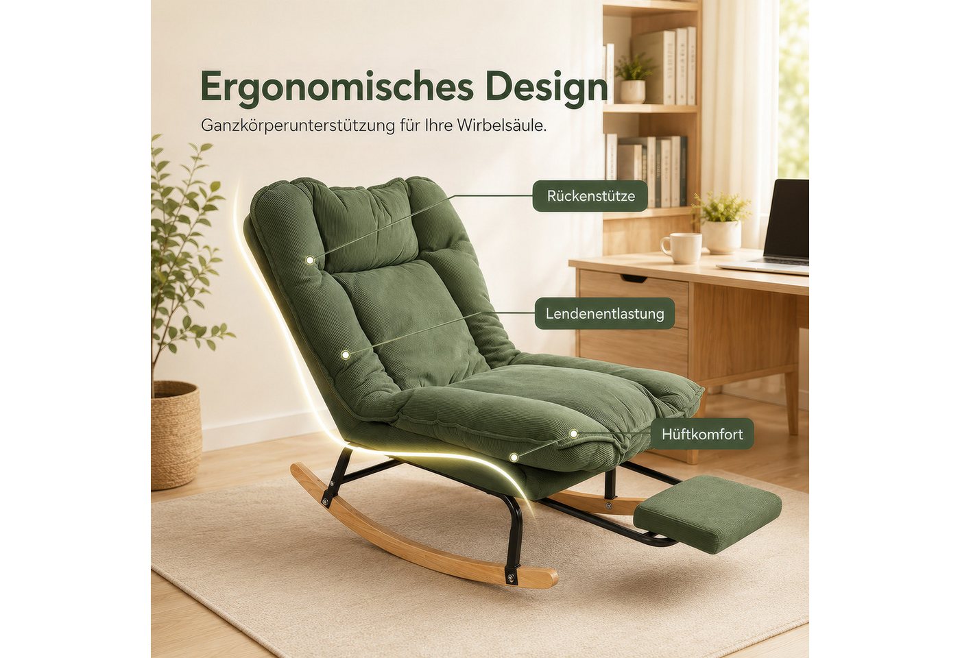 BlingBin Schaukelstuhl Schaukelsessel mit Fußstütze, Relaxsessel verstellbar in 3 Positionen (1er Set, Maximale Belastbarkeit: 120 kg, Gesamtmaße: 116 x 77 x 84 cm, 1 St), Schaukelstühle mit Breite Rückenlehne für Balkon, Wohnzimmer Bild 5