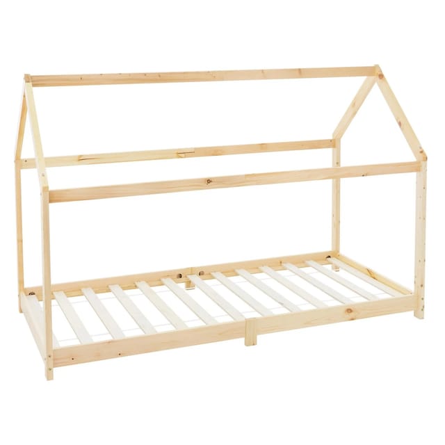 ML-Design Kinderbett 90x200 cm mit Dach und Lattenrost Natur Hausbett