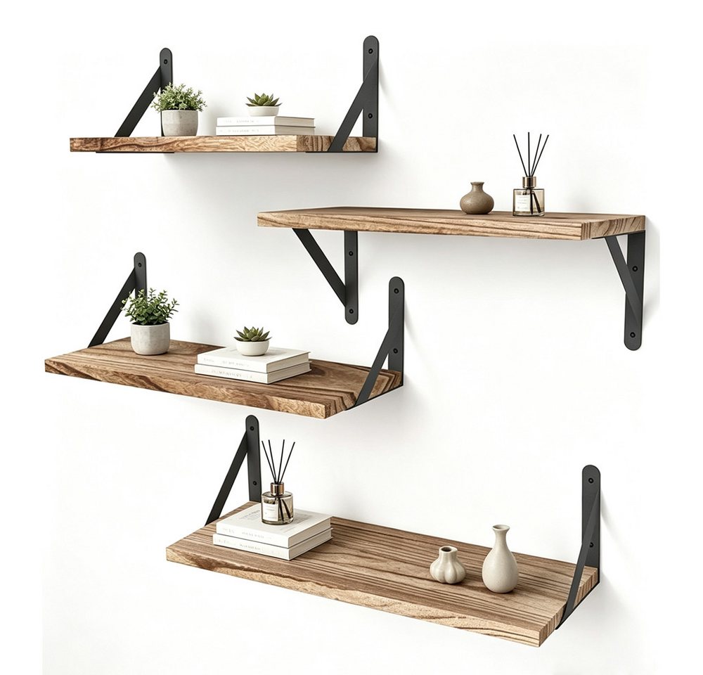 AFKSMILE Wandregal Wandregal Holz und Metall,4er-Set Schweberegale,Holzfarbton Wand Regal, 4-tlg., Dekoregal zur Wandmontage für Wohnzimmer, Küche, Schlafzimmer und Büro Bild 2
