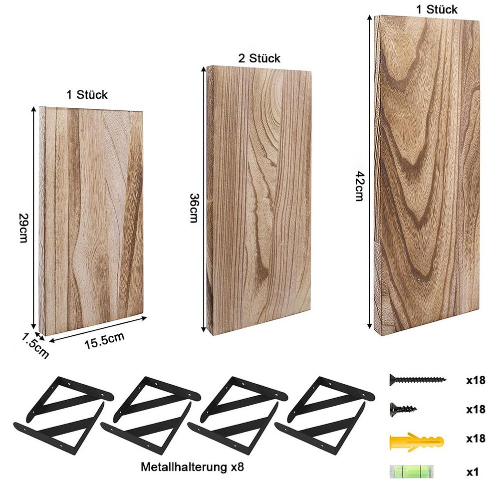 AFKSMILE Wandregal Wandregal Holz und Metall,4er-Set Schweberegale,Holzfarbton Wand Regal, 4-tlg., Dekoregal zur Wandmontage für Wohnzimmer, Küche, Schlafzimmer und Büro Bild 5