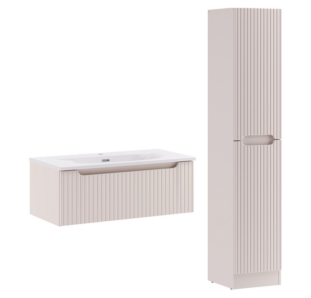 Lomadox Badmöbel-Set NEWPORT-56-CASHMERE, (Spar-Set, 2-St., Waschtisch Hochschrank), in kaschmir, gerillte Front, geringe Tiefe, inkl. Wäschekorb Bild 2