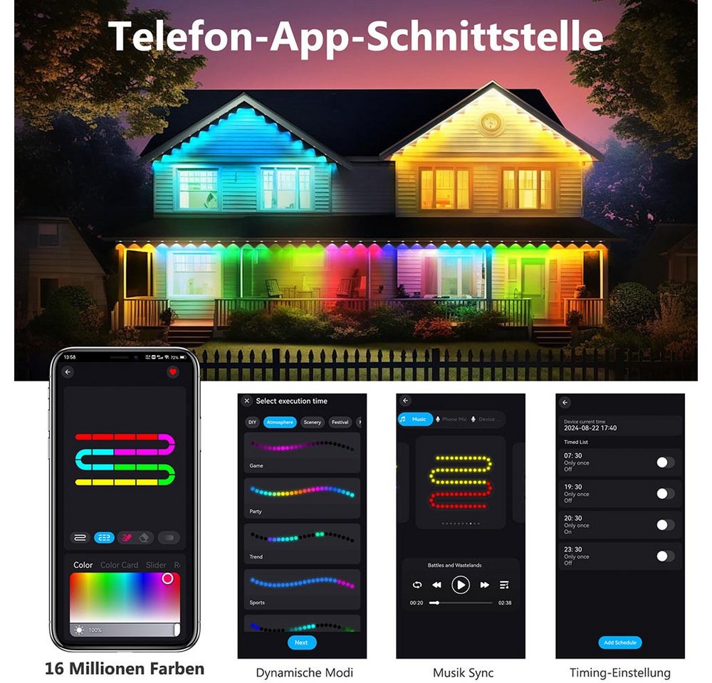 LMaxhome LED Stripe 15/30M RGB Permanente Außenbeleuchtung Smart Lichterkette Wasserdicht, Musik Sync, APP Bluetooth Fernbedienung Dimmbar Party Weihnachten Deko