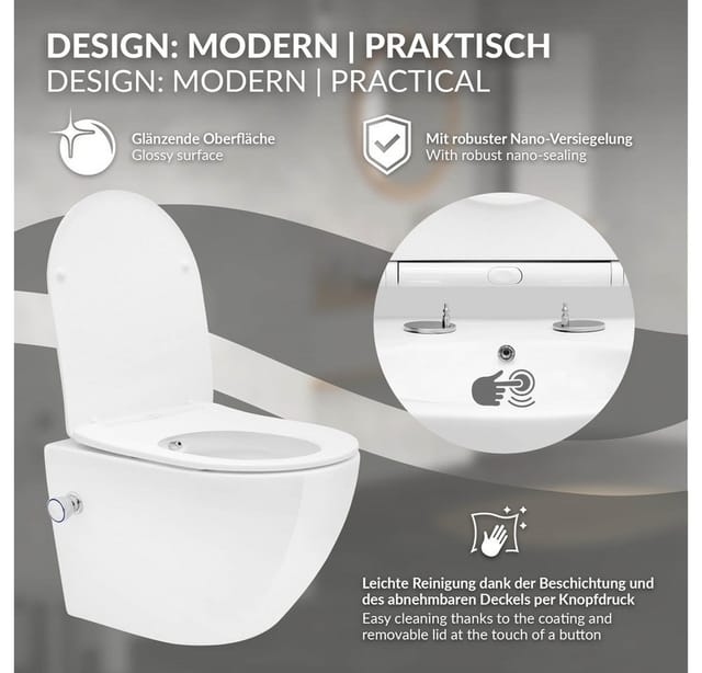 LuxeBath Wand WC Spülrandlos Weiß mit Bidet-Funktion Nano Beschichtung