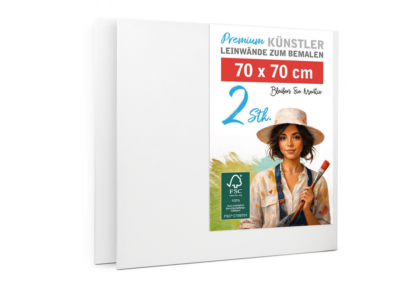 M MERCEO Leinwand 70x70cm Doppelpack, (zum Bemalen, Baumwolle, Keilrahmen,280g/m, 2-fach weiß vorgrundiert)