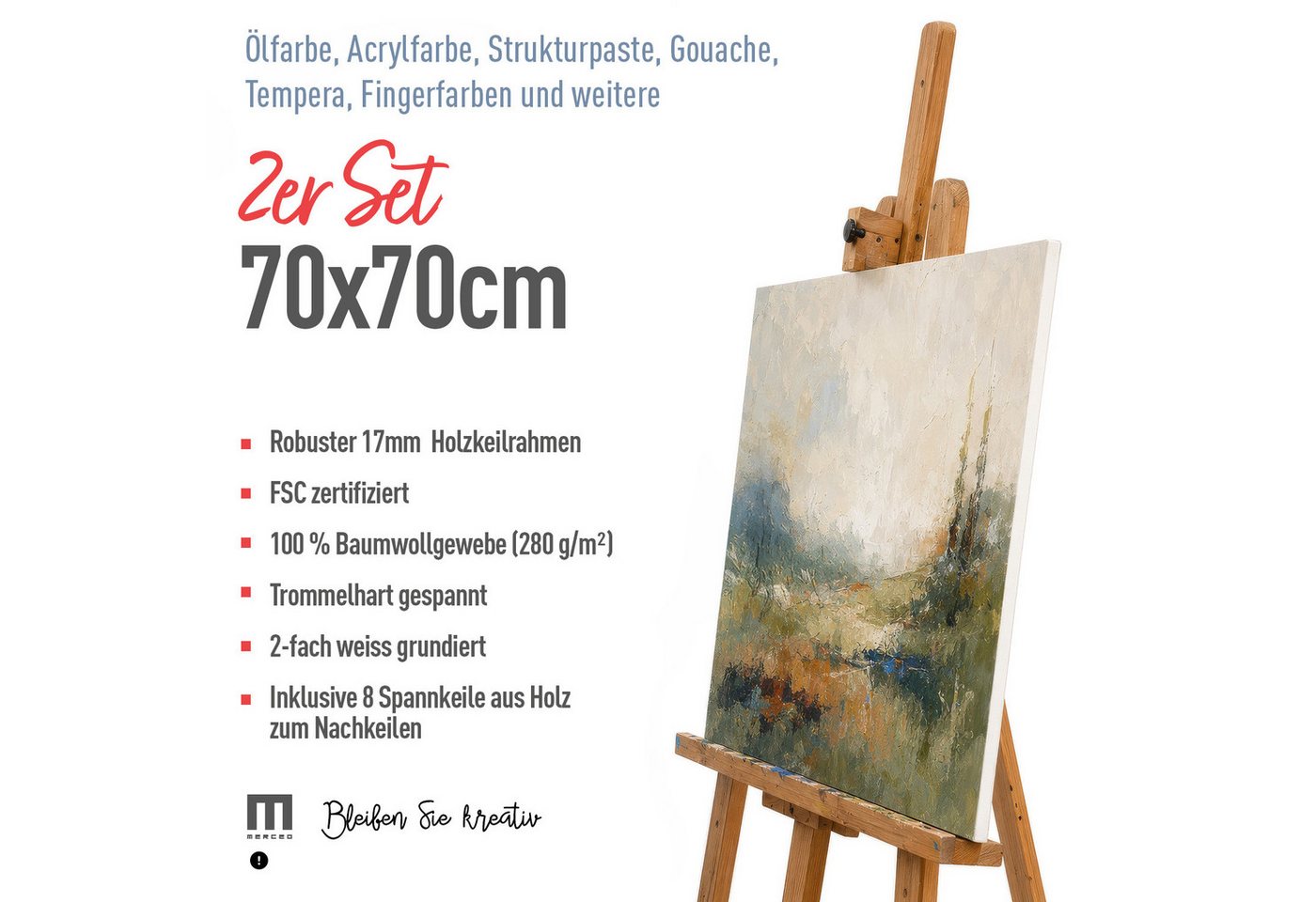 M MERCEO Leinwand 70x70cm Doppelpack, (zum Bemalen, Baumwolle, Keilrahmen,280g/m, 2-fach weiß vorgrundiert) Bild 5