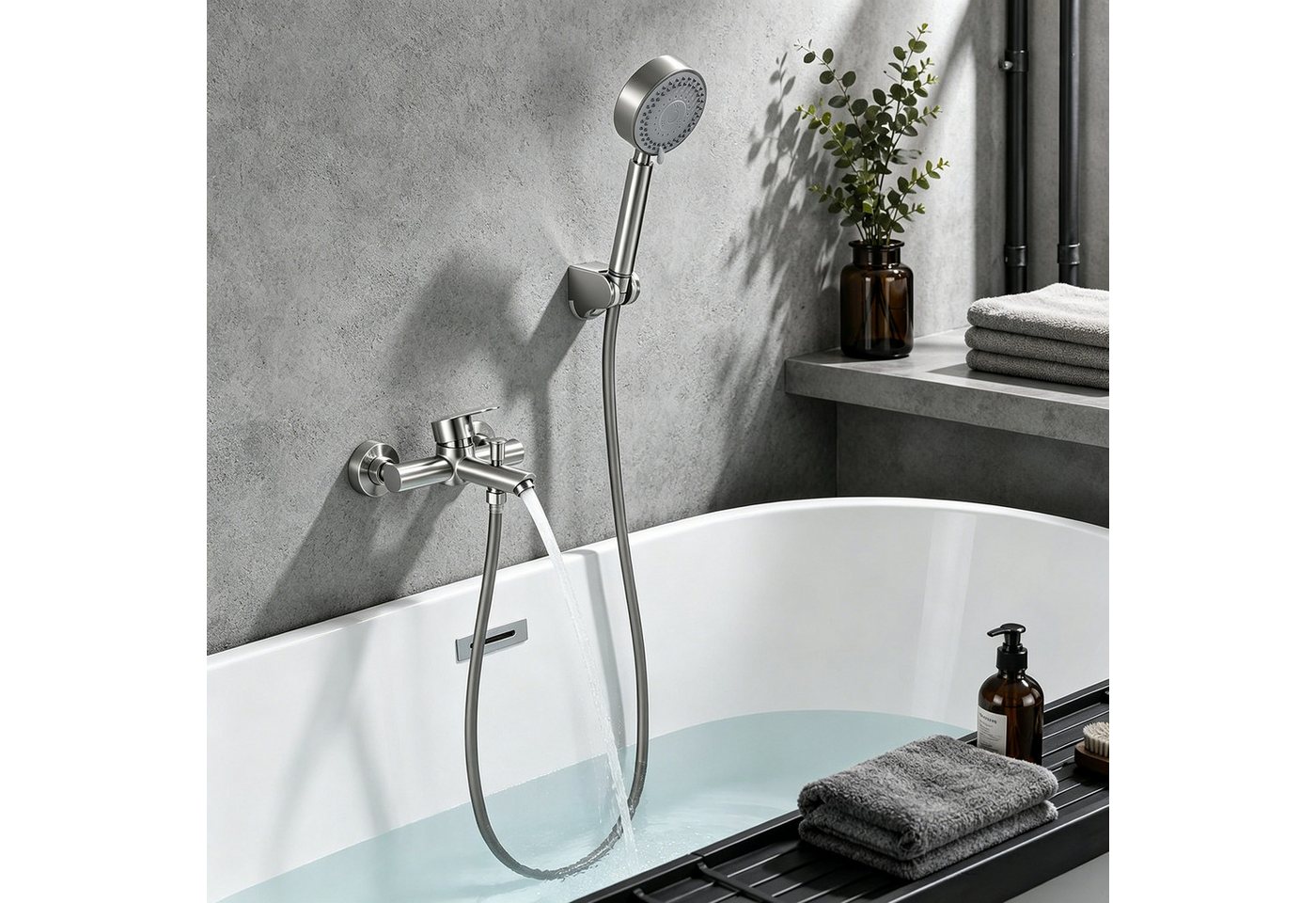 DESFAU Wannenarmatur Badewannenarmatur Set gebürstet mit 4-strahliger Handbrause,Edelstahl Edelstahl Duscharmatur Wandmontage mit G1/2 Anschluss Bild 5