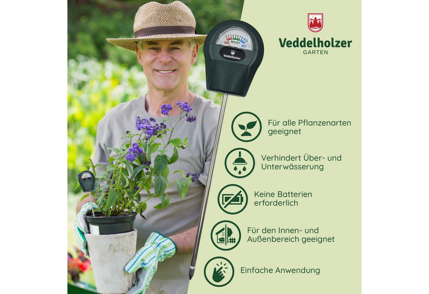 Veddelholzer Feuchtigkeitsmesser Boden-Feuchtigkeitsmessgerät Pflanzen Hygrometer Feuchtigkeitsmesser, (1-St., mit Edelstahl-Sonde und gehärteter Kupferspitze), für Zimmerpflanzen, Garten, Beete, Balkon und Terrasse