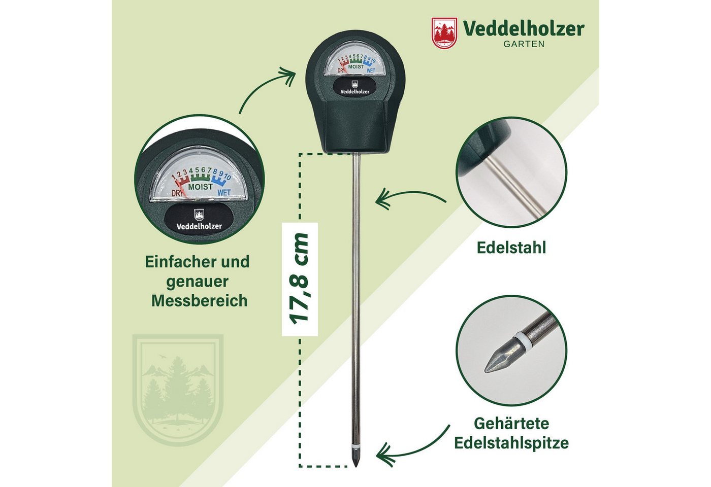 Veddelholzer Feuchtigkeitsmesser Boden-Feuchtigkeitsmessgerät Pflanzen Hygrometer Feuchtigkeitsmesser, (1-St., mit Edelstahl-Sonde und gehärteter Kupferspitze), für Zimmerpflanzen, Garten, Beete, Balkon und Terrasse Bild 2