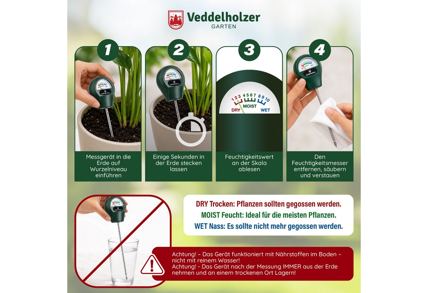 Veddelholzer Feuchtigkeitsmesser Boden-Feuchtigkeitsmessgerät Pflanzen Hygrometer Feuchtigkeitsmesser, (1-St., mit Edelstahl-Sonde und gehärteter Kupferspitze), für Zimmerpflanzen, Garten, Beete, Balkon und Terrasse Bild 4