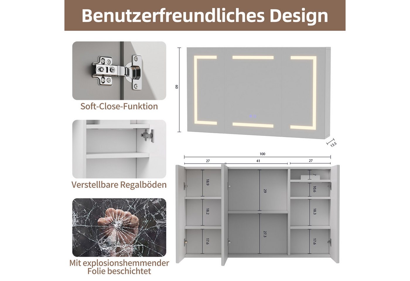 Simurq Badezimmerspiegelschrank Spiegelschrank mit LED-Beleuchtung 100x60cm,Spiegelschrank mit Touch (1-St) Bild 3