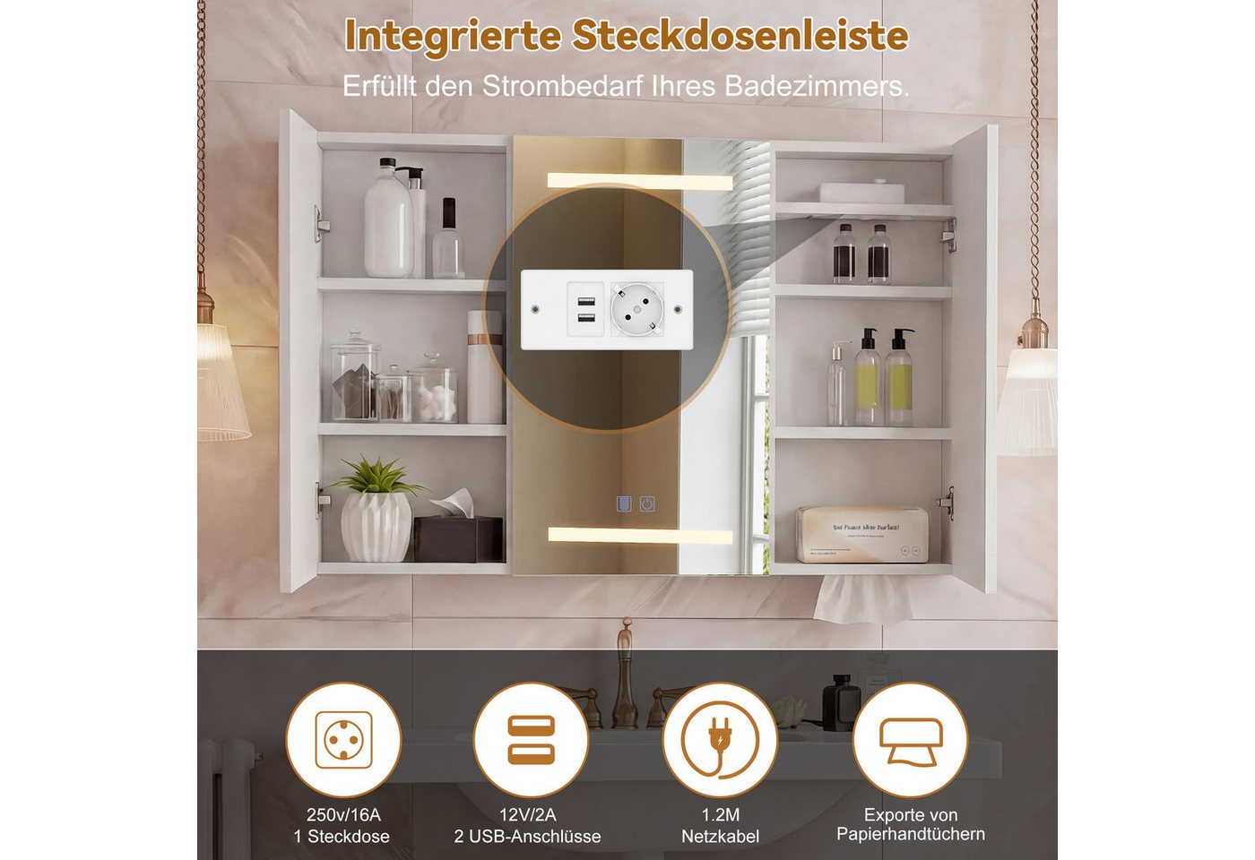 Simurq Badezimmerspiegelschrank Spiegelschrank mit LED-Beleuchtung 100x60cm,Spiegelschrank mit Touch (1-St) Bild 4