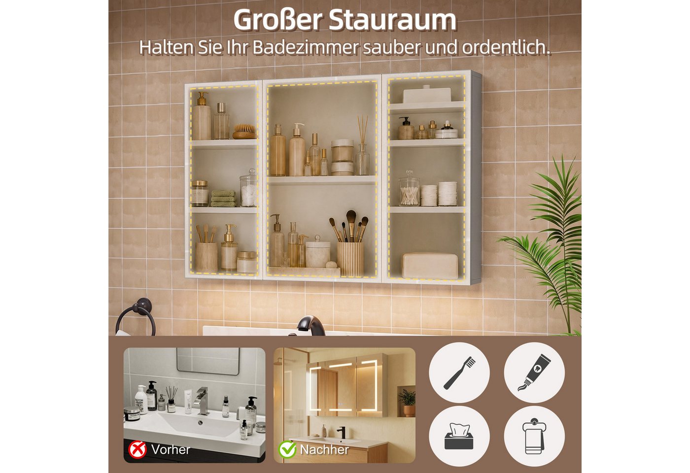 Simurq Badezimmerspiegelschrank Spiegelschrank mit LED-Beleuchtung 100x60cm,Spiegelschrank mit Touch (1-St) Bild 5