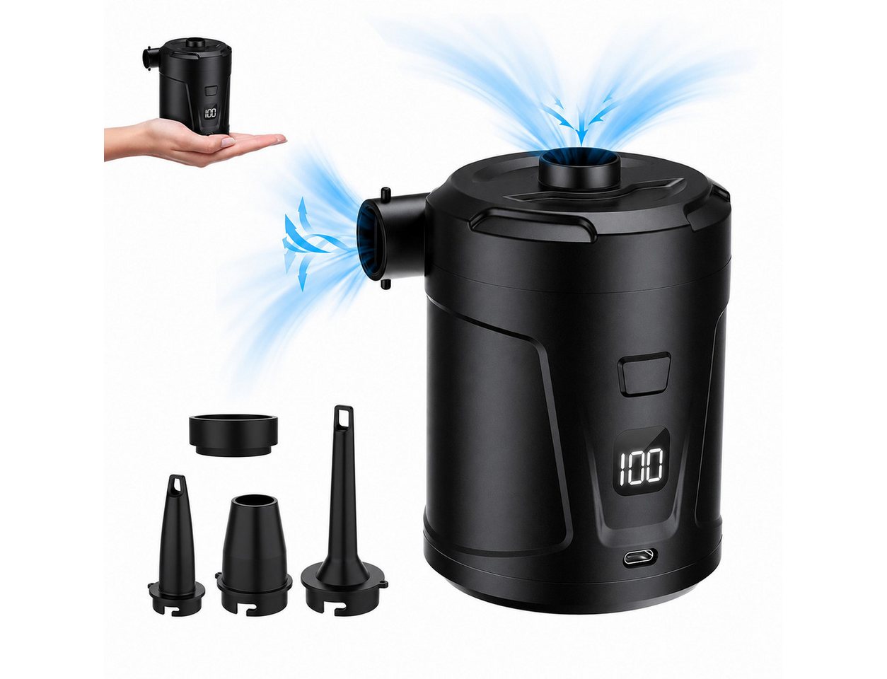 pedete Akku-Luftpumpe Elektrische Luftpumpe 5200mAh Pumpe Akku mit 4 Düsen (wiederaufladbare Mini-Akku-Luftpumpe, 400L/min Schnelles Aufblasen Luftmatratzenpumpe), Tragbare Luftmatratzenpumpe für Pool Schwimmer, Camping, Typ-C Bild 2