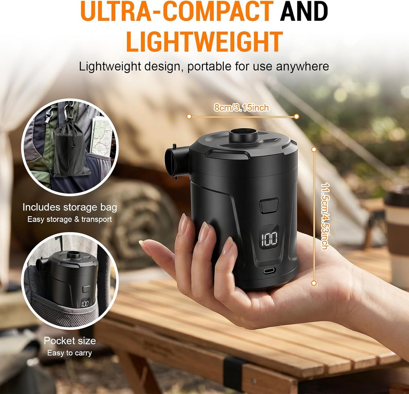 pedete Akku-Luftpumpe Elektrische Luftpumpe 5200mAh Pumpe Akku mit 4 Düsen (wiederaufladbare Mini-Akku-Luftpumpe, 400L/min Schnelles Aufblasen Luftmatratzenpumpe), Tragbare Luftmatratzenpumpe für Pool Schwimmer, Camping, Typ-C Bild 5