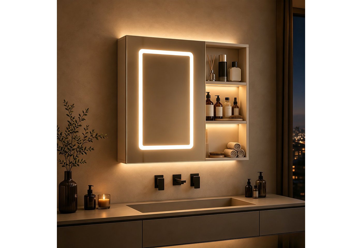 Simurq Badezimmerspiegelschrank Badspiegelschrank 60 cm, 3 Lichtfarben, Antibeschlag (Einzelartikel, 1-teilig) 3 Lichtfarben, Antibeschlag, offenes Regal
