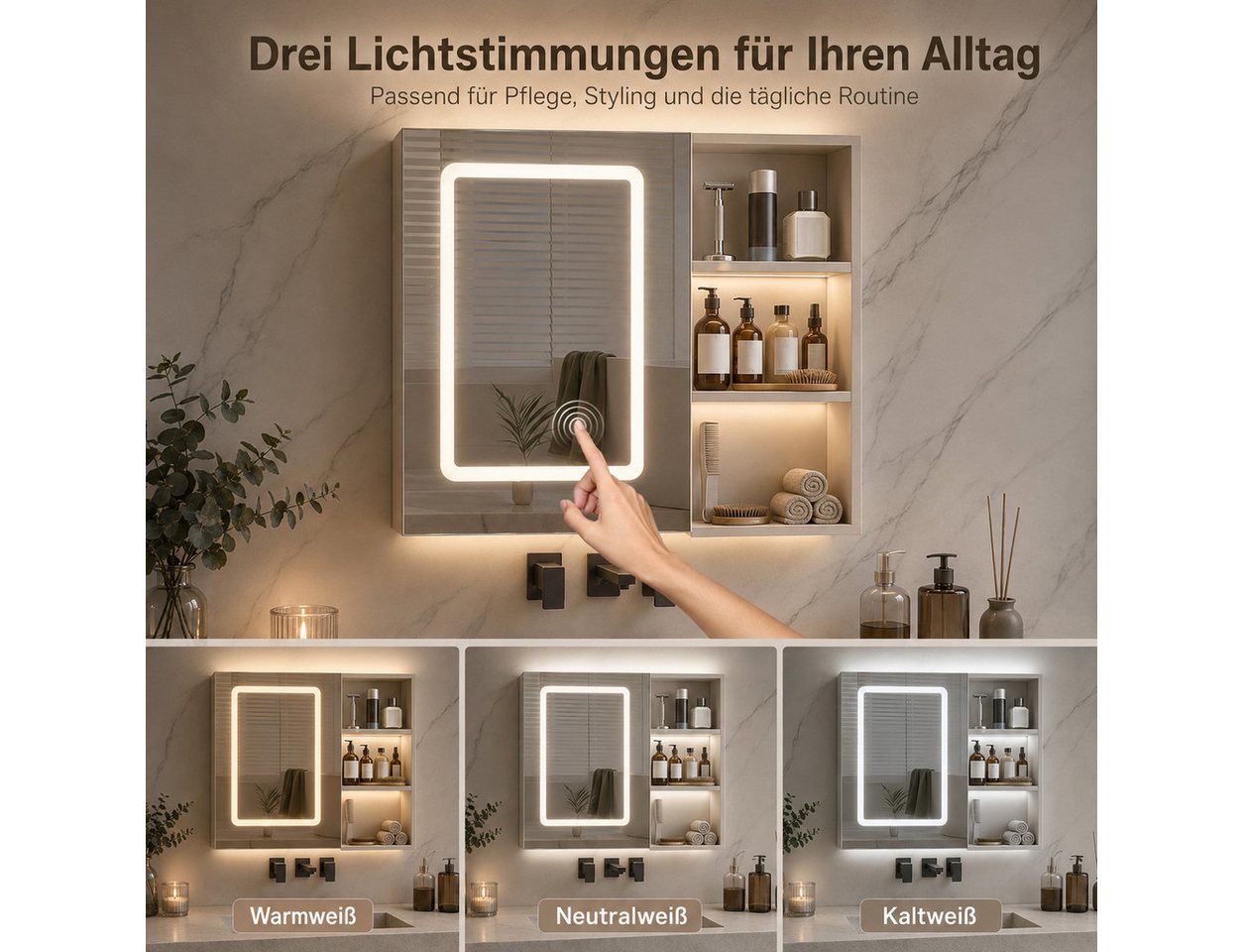 Simurq Badezimmerspiegelschrank Badspiegelschrank 60 cm, 3 Lichtfarben, Antibeschlag (Einzelartikel, 1-teilig) 3 Lichtfarben, Antibeschlag, offenes Regal Bild 2