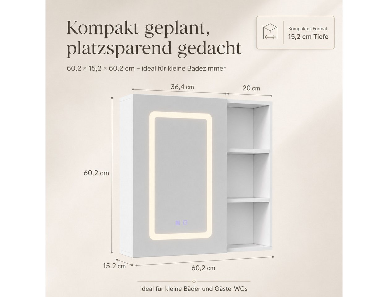 Simurq Badezimmerspiegelschrank Badspiegelschrank 60 cm, 3 Lichtfarben, Antibeschlag (Einzelartikel, 1-teilig) 3 Lichtfarben, Antibeschlag, offenes Regal Bild 3