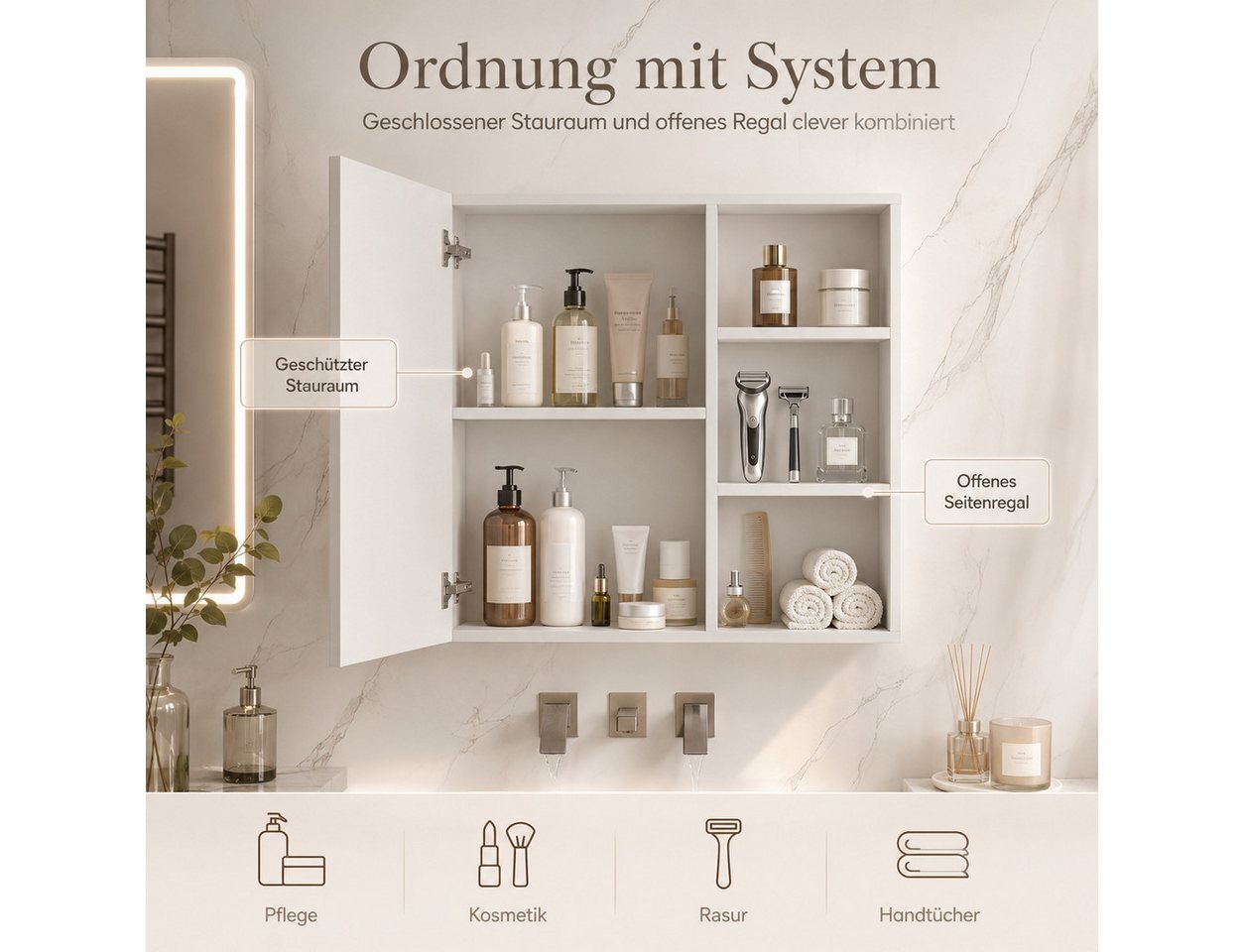 Simurq Badezimmerspiegelschrank Badspiegelschrank 60 cm, 3 Lichtfarben, Antibeschlag (Einzelartikel, 1-teilig) 3 Lichtfarben, Antibeschlag, offenes Regal Bild 4