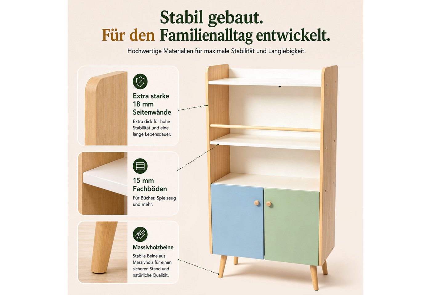 ALVIX Kinderregal NESTA 4, 4-in-1 mit frontaler Buchablage, 2 Türen und Kippschutz