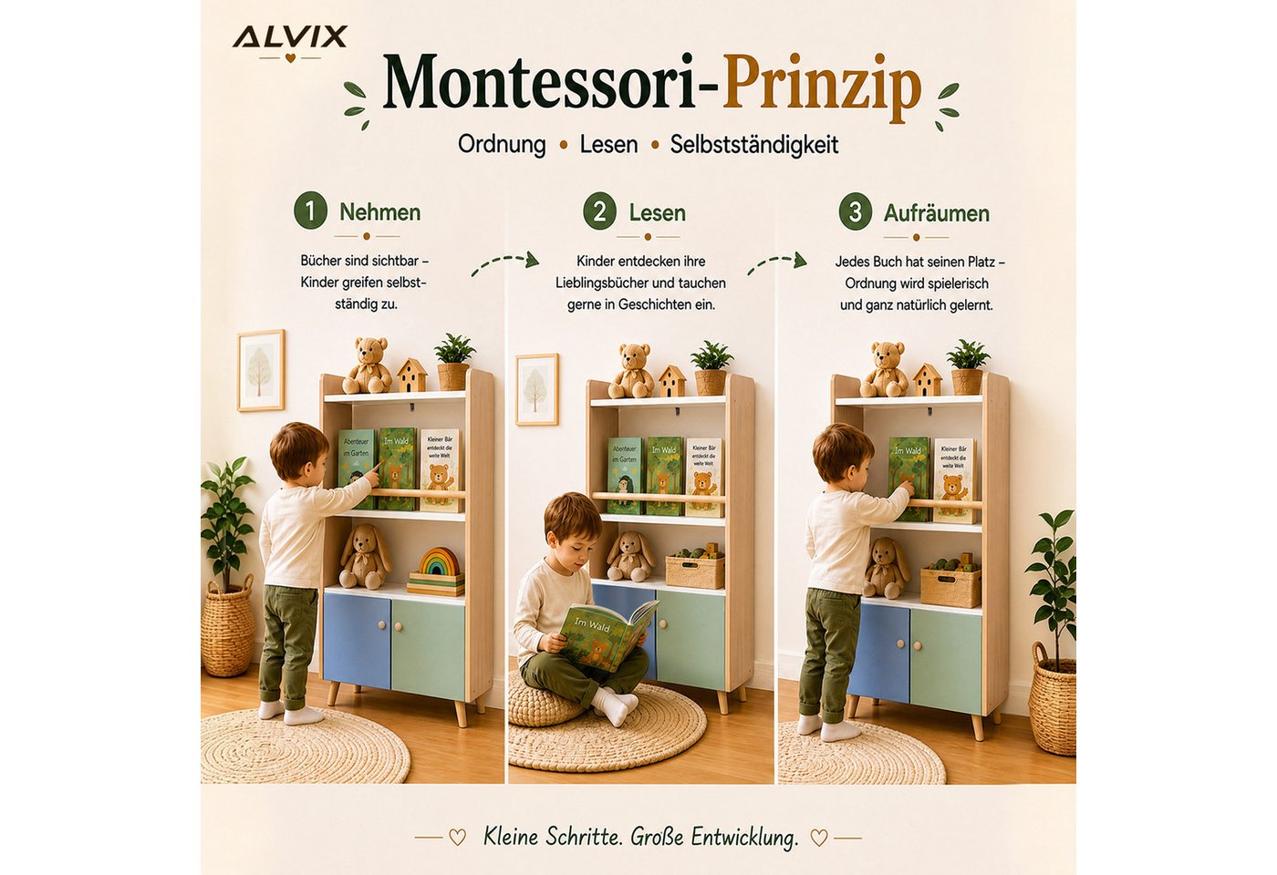 ALVIX Kinderregal NESTA 4, 4-in-1 mit frontaler Buchablage, 2 Türen und Kippschutz Bild 2